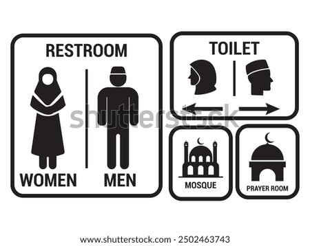 Muslim restroom sign, prayer room mosque sign symbol, isolated on white background.