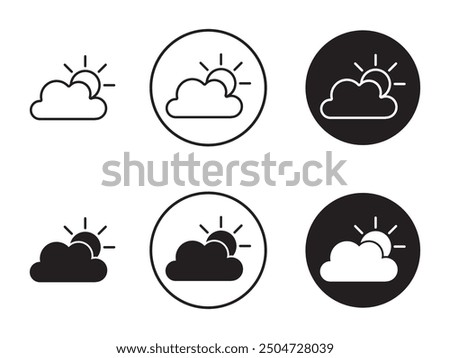 Cloud sun icon set, Weather icon set vector, rainy or cloudy weather forecast vector symbol in black filled and outlined style in white background.