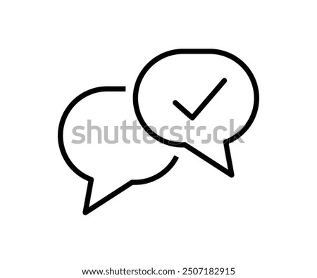 chat bubble with checkmark icon, Black square speech bubble with checkmark line icon, simple approved chat talk flat design vector pictogram, 