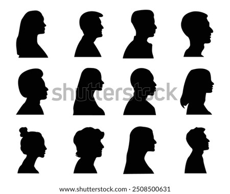 Head profile silhouette mega set in flat, Human face portrait side view , Man and woman side face avatar portrait different age and generation black silhouette. Vector illustration.