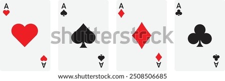 Playing card set, Four playing card suits icon set. Poker cards suits. Hearts, clubs, diamonds, spades ace. Winning poker hand. Casino gambling concept. Isolated on transparent background.