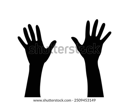 Two raised up Human hands with open palms. Arm symbol. Black and white silhouette Vector illustration.