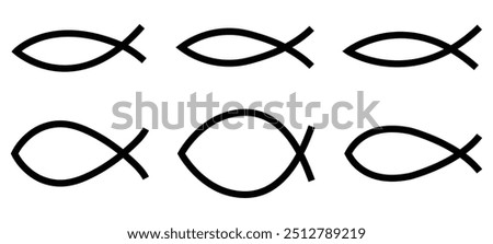 Christian fish set. Ichthys. Religious symbol. Sign of Jesus. Logo of Christianity. Christ and bible. Black emblem of ictus for religion.