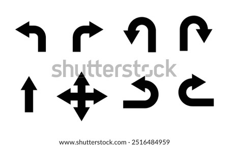 U turn arrow symbol icon set. Direction Icon Set. Go Straight This Way One Way Only U Turn Left and Right Black and White Arrow vector illustration.