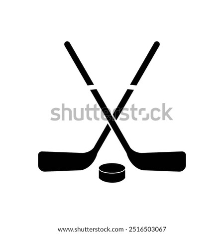 Hockey sticks with puck sign for sport design. Ice Hockey icon, Hockey sticks, used in ice hockey games. cues with puck isolated on white background. 