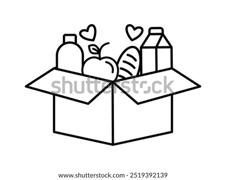 Food donations linear icon, Food donation box for poor and homeless people .Box with different food flat design.  Support concept. Volunteer social assistance. Charity, food donation for needy and poo