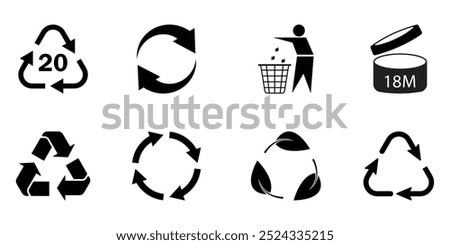 recycle symbols for packaging products icon set. Trash icons. Reuse cycle. Universal recycling and packing signs. Vector eco icons.