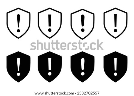 Shield exclamation mark icon or security shield protection icon symbol warning or attention icon symbol. risk alert line icon vector on white background.