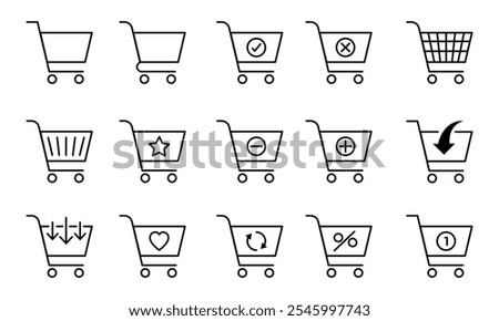 Set of shopping cart icons. Collection of web icons for online store, from various cart icons in various shapes. Shopping cart web icons in line style. Shop basket, mobile shop, online store, bag, add