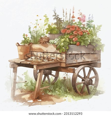 A wooden garden cart fill of flowers and  plants white background , Watercolor Style Portrait