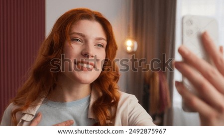 Similar – Image, Stock Photo Woman recording video blog with camera