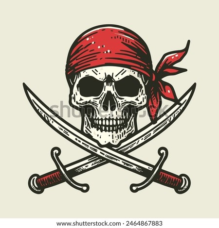 pirate skull wearing a red bandana with crossed old pirate swords illustration