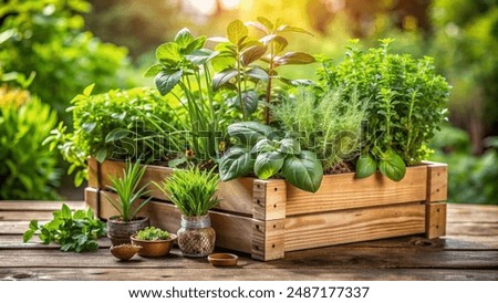 Similar – Image, Stock Photo Variety of fresh green potted culinary herbs in green plastic pots ready to plant outdoors in a backyard garden