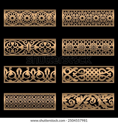 Cut panels Collection, Abstract geometric patterns, islamic pattern, Cnc Router Design Foamsheet, Acrylic and CNC Machine Cutting,geometric pattern gold black, EPS File.