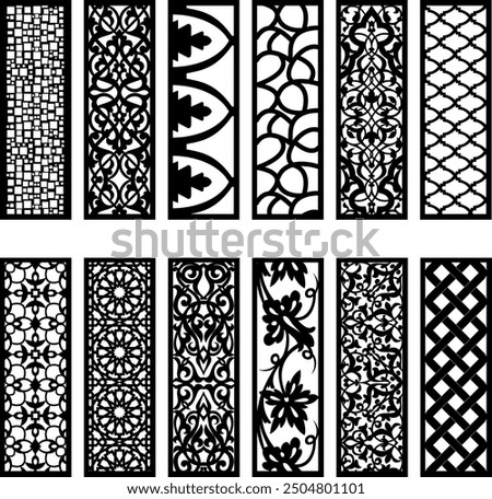 Decorative wall panel set, Vector laser cut cnc panel,Hexagonal islamic patterns, Set of silhouette cutout design. Floral wall decor with branch, leaves, flower, Metal, paper or wood carving panel.