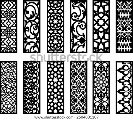 Decorative wall panel set, Vector laser cut cnc panel,Hexagonal islamic patterns, Set of silhouette cutout design. Floral wall decor with branch, leaves, flower, Metal, paper or wood carving panel.