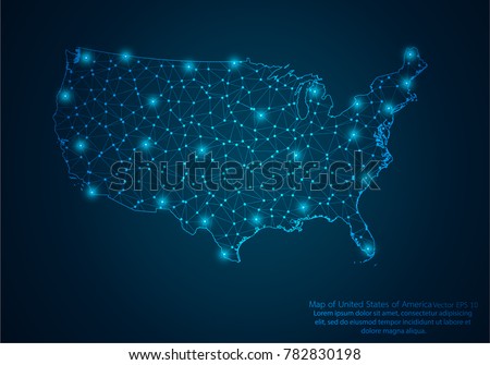 Abstract mash line and point scales on dark background with map of United States of America.3D mesh polygonal network line, design sphere, dot and structure. Vector illustration eps 10.