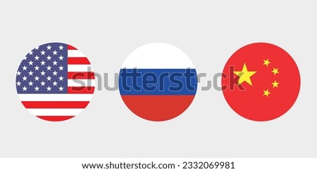 Flags of the United States, China, Russia. Flag icon. Standard color. Circle icon flag. 3d illustration. Computer illustration. Digital illustration. Vector illustration.