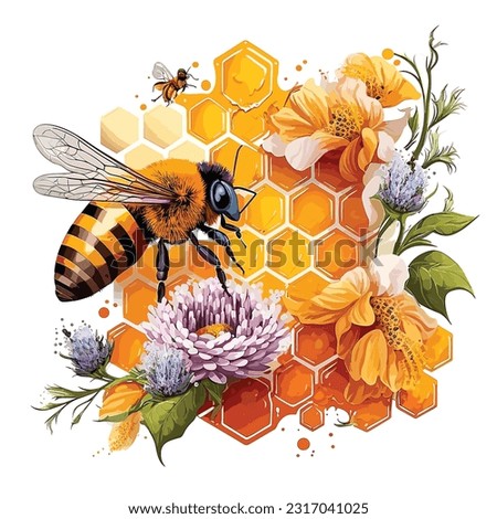 bee with honeycomb and flower in vector format