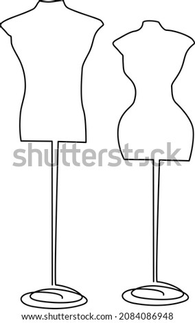 Male and female figure of a tailor's mannequin on a round stand. Continuous line drawing. Vector illustration.