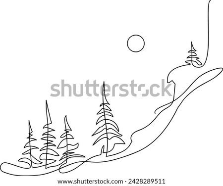 Young spruce on a snowy mountain slope. Winter landscape. Continuous line drawing. Vector illustration
