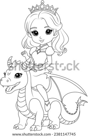 Coloring page chibi princess riding a friendly dragon.