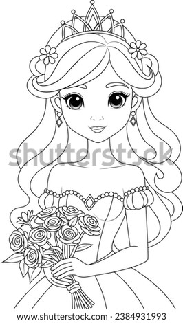 Coloring page chibi princess with flowers. Flat vector outline for kids coloring book