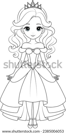 Coloring page chibi princess. Flat vector outline for kids coloring book