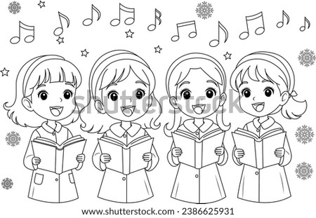 Coloring page a group of children singing Christmas carols.