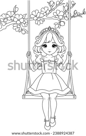 Coloring page a cute princess on a swing beneath