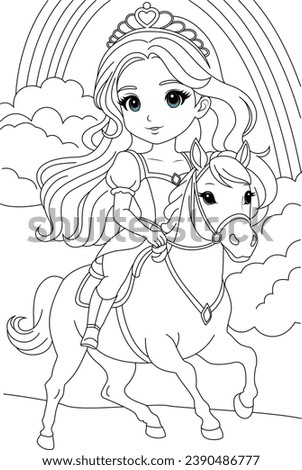 Coloring page cute princess riding horse on the magical rainbow