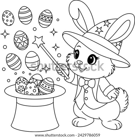 Easter Bunny illusionist with a magic wand pulling out decorated eggs from a wizard hat coloring page 