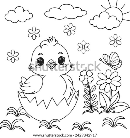 Newly hatched Easter chicken in the garden coloring page 