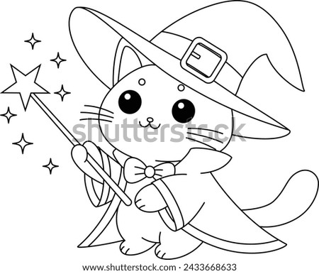 The cat wears a witch's hat and holds a magic wand coloring page