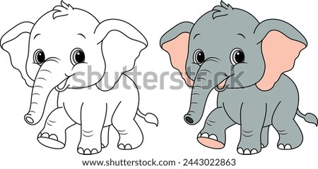 Cute kawaii Elephant cartoon character coloring page isolated on white background vector illustration