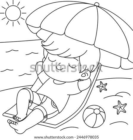 Cute kawaii Boy lying on the beach Summer cartoon character coloring page vector illustration