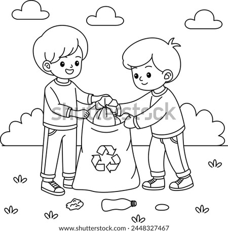 Cute kawaii eco friendly kids collecting waste coloring page. Boy, girl caring of environment, sorting . Earth day coloring page. Concept with children picking up trash