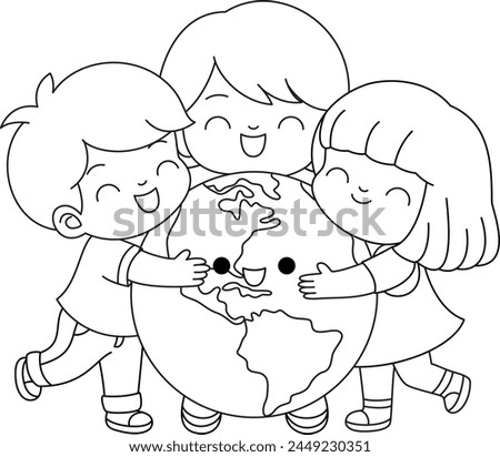 Cute kawaii eco friendly kids hug cute earth . Boy, girl caring of environment. Earth day coloring page.