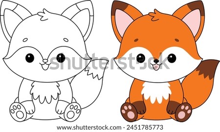 Cute kawaii cartoon character fox isolated on white background coloring page, vector printable worksheets for preschool.