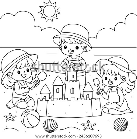 Sunny beach scene with kids building sandcastles coloring page. Summer vector illustration 