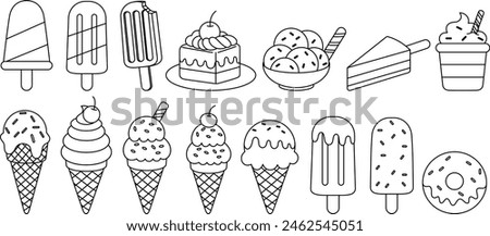 Set of ice cream outline doodle coloring page isolated on white background. Summer coloring book for kids