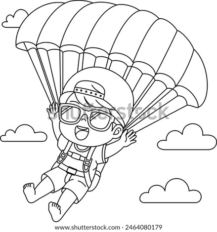 Little boy parachute coloring page for kids, summer outline illustration colouring page 