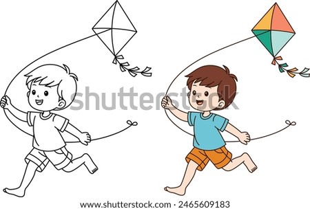 Cartoon character of cute boy flying a kite isolated on white background coloring page for kids. Summer activity holiday vector illustration