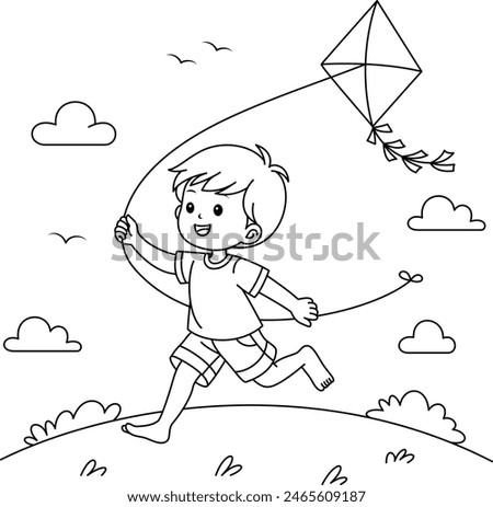 Cartoon character of cute boy flying a kite on the hill coloring page for kids. Summer activity holiday vector illustration