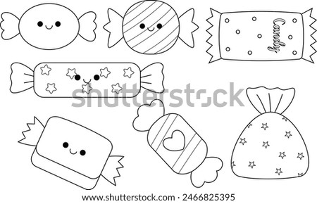 Illustration of a cute kawaii candies isolated on white background coloring page. Black and white outline vector cartoon character colouring book