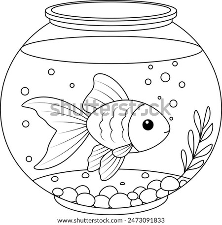 Goldfish swimming in a transparent round glass fishbowl coloring page. Fish glass round aquarium.