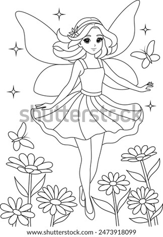 Cute kawaii fairy with sparkling wings flying over a flower garden outline coloring page for kids