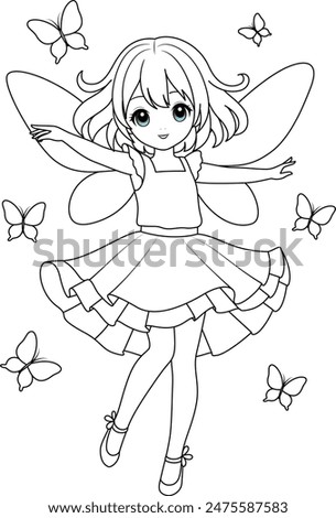 Cute kawaii fairy with sparkling wings playing with butterflies isolated on white background outline coloring page for kids