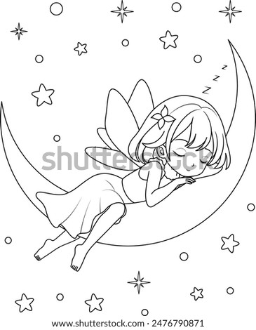 Cute kawaii fairy with sparkling wings sleeping on the moon on stars background outline coloring page for kids