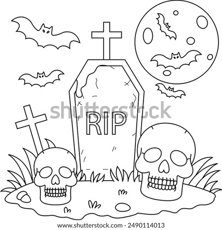 Skull and Tomb Hand Drawn. Halloween Outline Coloring Page